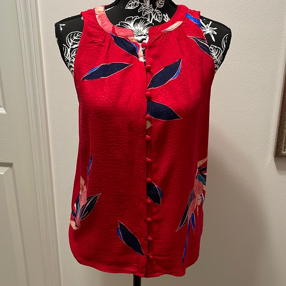 a new day  Small sleeveless top button up front with t-shirt fabric back.